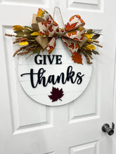 Load image into Gallery viewer, Give thanks Wood Door Hanger| fall wood wreath | pumpkin fall door decor Thanksgiving wreath