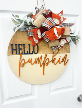 Load image into Gallery viewer, Hello Pumpkin Wood Door Hanger| fall wood wreath | pumpkin fall door decor wooden fall wreath