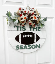 Load image into Gallery viewer, Tis the season football Wood Door Hanger| fall wood wreath | pumpkin fall door decor Football wreath