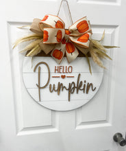 Load image into Gallery viewer, Hello Pumpkin Wood Door Hanger| fall wood wreath | pumpkin fall door decor wooden fall wreath