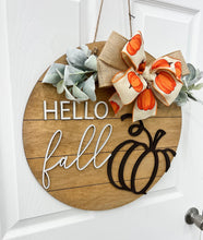 Load image into Gallery viewer, Hello Fall Wood Door Hanger| fall wood wreath | pumpkin fall door decor Thanksgiving wreath