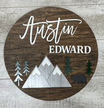Load image into Gallery viewer, Mountain Nursery Name Sign | Woodland Themed Nursery