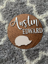 Load image into Gallery viewer, Hedgehog Nursery Name Sign | Woodland Themed Nursery | Woodland Animals | Nursery Name Sign | Toddler Sign | Hedgehog Nursery Decor