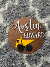 Load image into Gallery viewer, Dump Truck Nursery Name Sign | Truck Themed Nursery | Dump Truck | Nursery Name Sign | Toddler Sign | Truck Nursery Decor | Boys Name Sign
