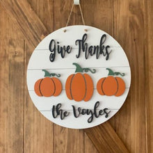 Load image into Gallery viewer, Personalized Fall Wood Door Hanger- Pumpkins - Give Thanks