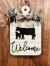 Load image into Gallery viewer, Farmhouse Cow Tag Wood Door Hanger