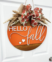 Load image into Gallery viewer, Hello Fall Wood Door Hanger| fall wood wreath | pumpkin fall door decor
