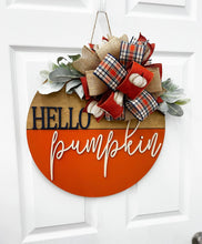 Load image into Gallery viewer, Hello Pumpkin Wood Door Hanger| fall wood wreath | pumpkin fall door decor wooden fall wreath
