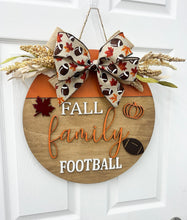 Load image into Gallery viewer, Fall family football Wood Door Hanger| fall wood wreath | pumpkin fall door decor Football wreath
