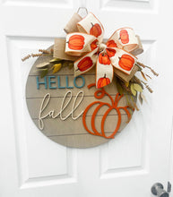 Load image into Gallery viewer, Hello Fall Wood Door Hanger| fall wood wreath | pumpkin fall door decor Thanksgiving wreath
