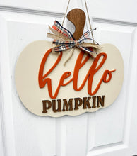 Load image into Gallery viewer, Hello Pumpkin Wood Door Hanger| fall wood wreath | pumpkin fall door decor Football wreath
