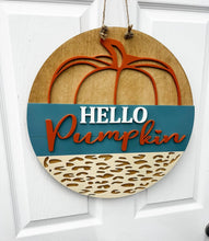 Load image into Gallery viewer, Hello Pumpkin Wood Door Hanger| fall wood wreath | pumpkin fall door decor Football wreath
